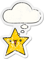 happy cartoon star with thought bubble as a distressed worn sticker png