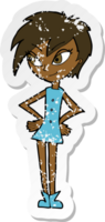 retro distressed sticker of a cartoon girl with hands on hips png