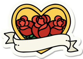 sticker of tattoo in traditional style of a heart and banner with flowers png