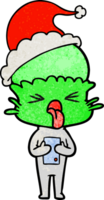 disgusted hand drawn textured cartoon of a alien wearing santa hat png