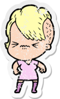 distressed sticker of a cartoon annoyed hipster girl png