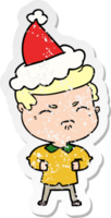 hand drawn distressed sticker cartoon of a annoyed man wearing santa hat png