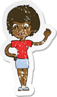 retro distressed sticker of a cartoon woman waving png