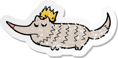 autocollant rétro en détresse d'un petit loup de dessin animé avec couronne png