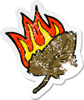 autocollant rétro en détresse d'un dessin animé brûlant un symbole de feuille sèche png