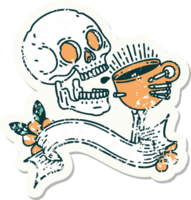 worn old sticker with banner of a skull drinking coffee png