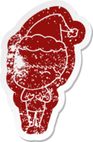 Lycklig knäppa tecknad serie bedrövad klistermärke av en pojke bär santa hatt png