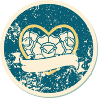 ikonisches Distressed Sticker Tattoo Style Bild eines Herzens und Banner mit Blumen png