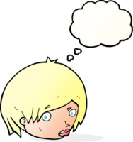 rosto feminino de desenho animado com sobrancelha levantada com balão de pensamento png