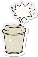 tecknad serie ta ut kaffe kopp med Tal bubbla bedrövad bedrövad gammal klistermärke png