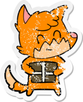 autocollant en détresse d'un renard amical de dessin animé avec un cadeau png