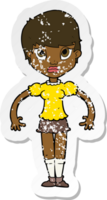 retro distressed sticker of a cartoon woman looking annoyed png