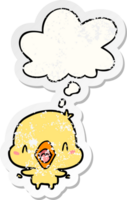 cartoon happy bird with thought bubble as a distressed worn sticker png