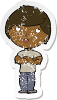 retro distressed sticker of a cartoon happy man with folded arm png