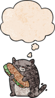 desenho animado gato com sanduíche com pensamento bolha dentro grunge textura estilo png