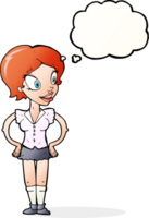 cartoon happy woman in short skirt with thought bubble png