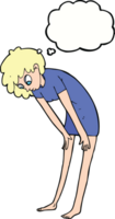 mujer de dibujos animados mirando sus pies con burbuja de pensamiento png