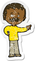 retro distressed sticker of a cartoon man with mustache pointing png