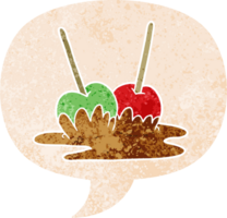 cartoon toffee apples with speech bubble in grunge distressed retro textured style png