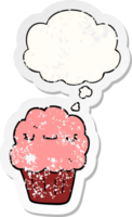 cartoon muffin with thought bubble as a distressed worn sticker png