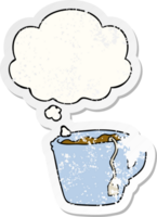 cartoon hot cup of tea with thought bubble as a distressed worn sticker png