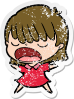 distressed sticker of a cartoon woman talking loudly png