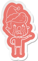 quirky cartoon  sticker of a crying man wearing santa hat png