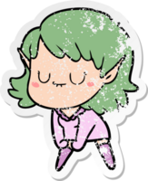 distressed sticker of a happy cartoon elf girl posing png