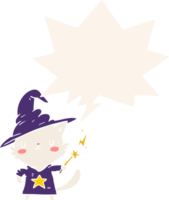 magical amazing cartoon cat wizard with speech bubble in retro style png