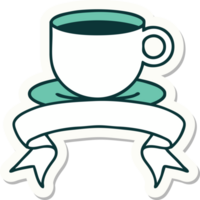 tattoo style sticker with banner of a cup of coffee png