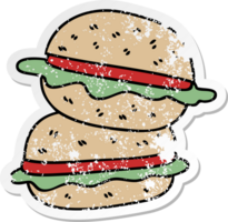 distressed sticker of a quirky hand drawn cartoon veggie burger png