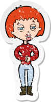 retro distressed sticker of a cartoon tired woman png