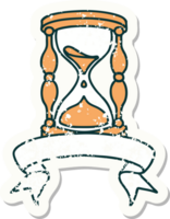 worn old sticker with banner of an hour glass png