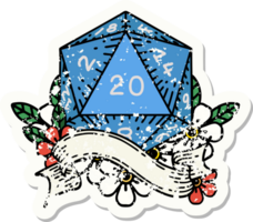 grunge sticker of a natural twenty D20 dice roll png