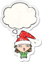 cartoon girl wearing christmas hat with thought bubble as a distressed worn sticker png