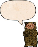 cartoon bear with speech bubble in retro texture style png