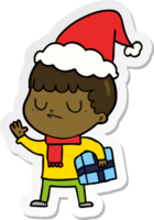 hand drawn sticker cartoon of a grumpy boy wearing santa hat png