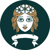 icono de estilo tatuaje con pancarta de rostro femenino con corona de flores png