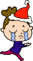 hand drawn comic book style illustration of a crying woman wearing santa hat png