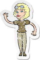 retro distressed sticker of a cartoon pilot woman waving png