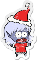 hand drawn distressed sticker cartoon of a shocked elf girl wearing santa hat png