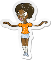 retro distressed sticker of a cartoon woman with arms spread wide png