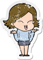 distressed sticker of a happy cartoon girl png