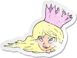 retro distressed sticker of a cartoon woman with blowing hair png