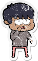 distressed sticker of a cartoon exhausted boy png