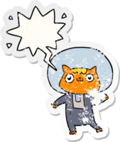 cartoon space cat with speech bubble distressed distressed old sticker png