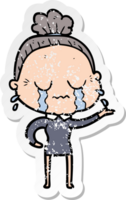 distressed sticker of a cartoon crying old lady png