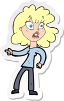 sticker of a cartoon worried woman pointing png