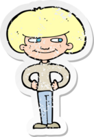 retro distressed sticker of a cartoon boy with hands on hips png