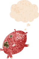 dessin animé dansant porc avec pensée bulle dans grunge affligé rétro texturé style png